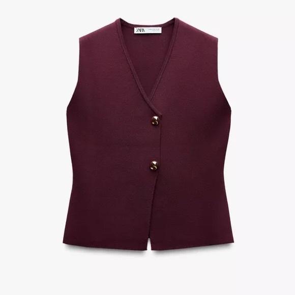 Zara Burgundy Sleeveless Knit Vest with Gold Button Detail- New with Tags - Picture 6 of 9
